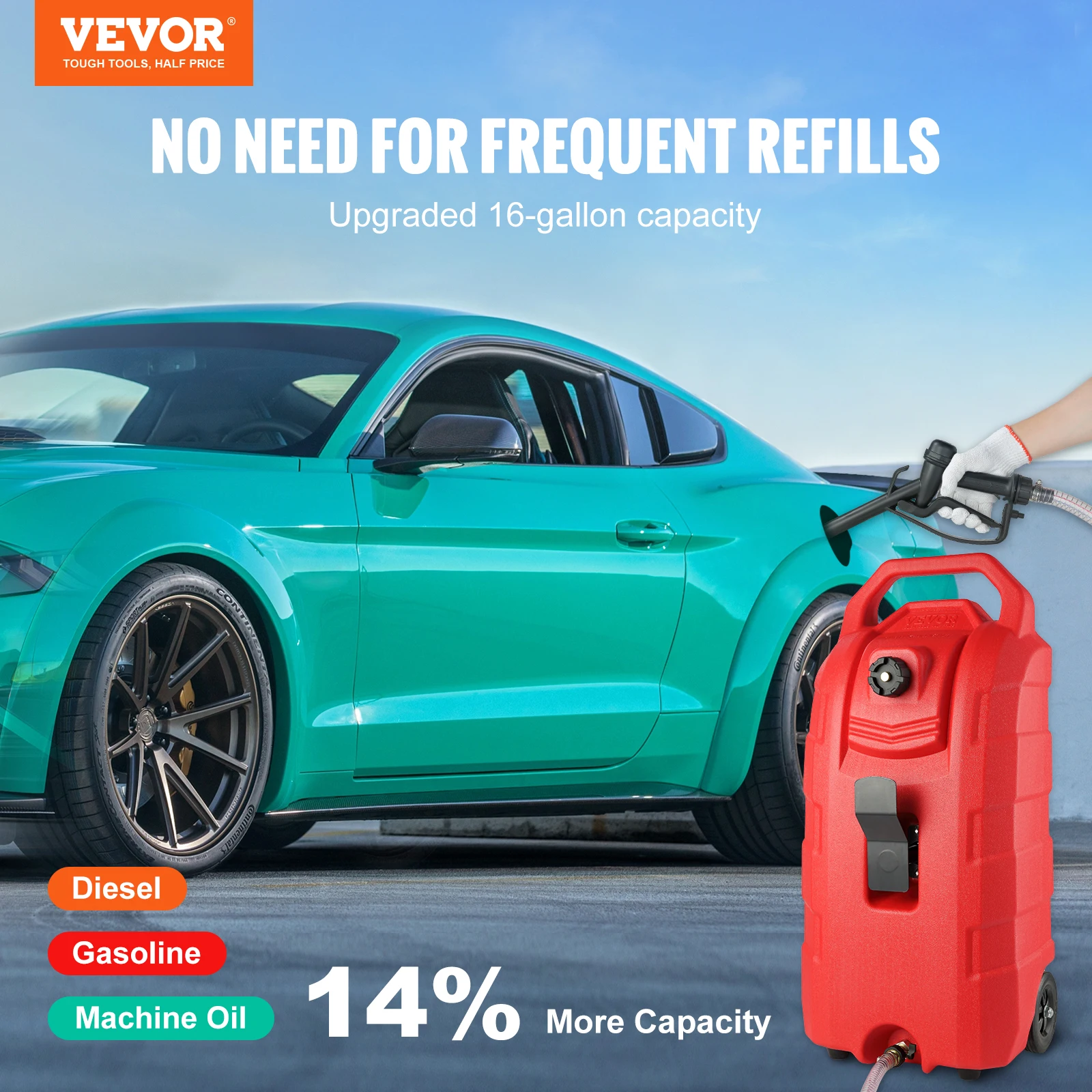 VEVOR 16Gal Portable Fuel Caddy Oil Gas Storage Tank with Hand Oil Gun Connector Anti-static for Boat Yacht Engine Marine