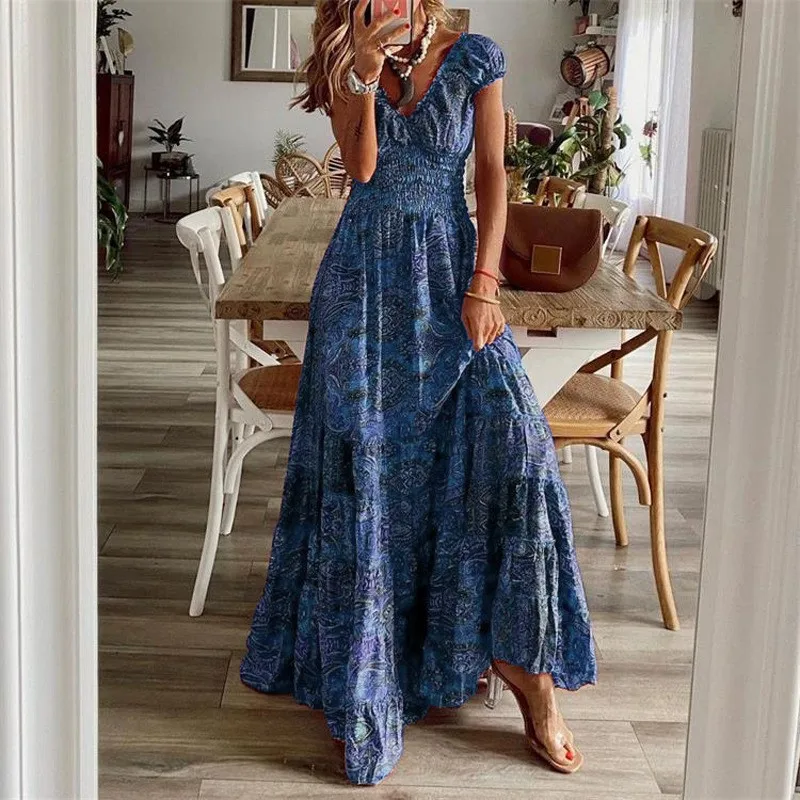 Boho Fashion Print Long Dresses For Women Summer Vintage V-neck Short Sleeve Elastic Waist A-line Big Swing Vacation Dress Robe