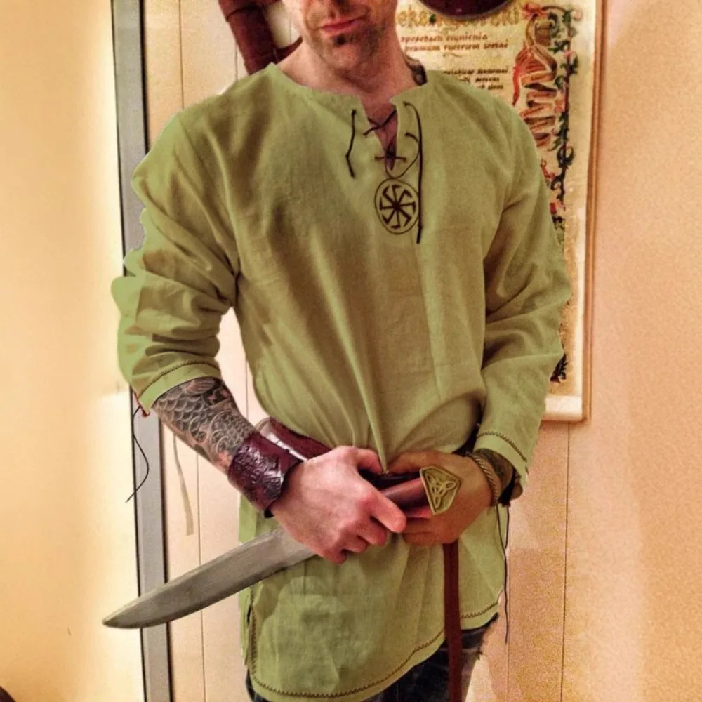 Camicia a maniche lunghe slim fit da uomo medievale di Halloween - Top casual in misto lino traspirante per la primavera e l'estate