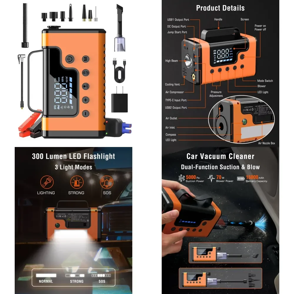 All-in-One 5 in 1 Car Jump Starter with Vacuum Cleaner air Pump Blower Power Bank