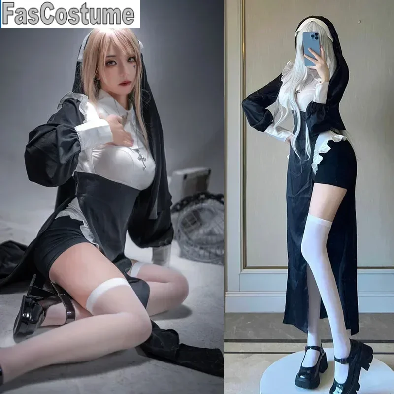 

FasCostumeАниме ролевой костюм монахини на Хэллоуин, ролевой костюм, платье монахини для взрослых, черный нарядный ролевой костюм