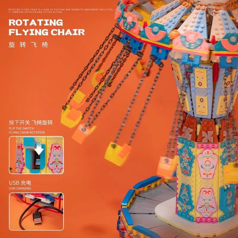 2848PCS Creative Expert Pretpark Elektrische Roterende Vliegende Stoel Bouwstenen Model DIY Montage Speelgoed Cadeau voor Kid