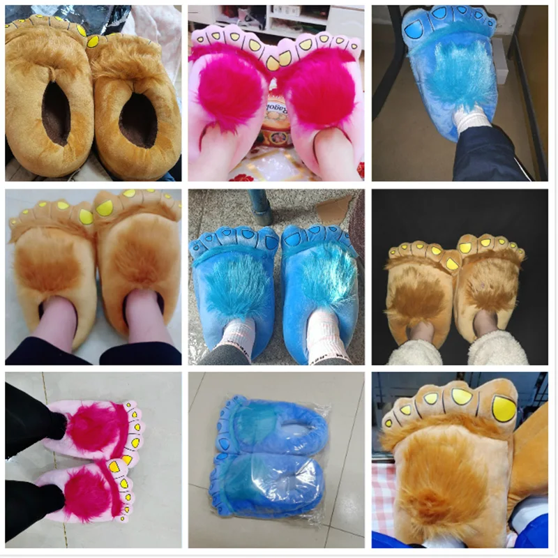 Fashionable Men\'s Wild Paw Slippers Home Fluffy Cotton Shoes Plus Size Mens Creative Animal Foot Shape Shoes Big feet Fur Slides