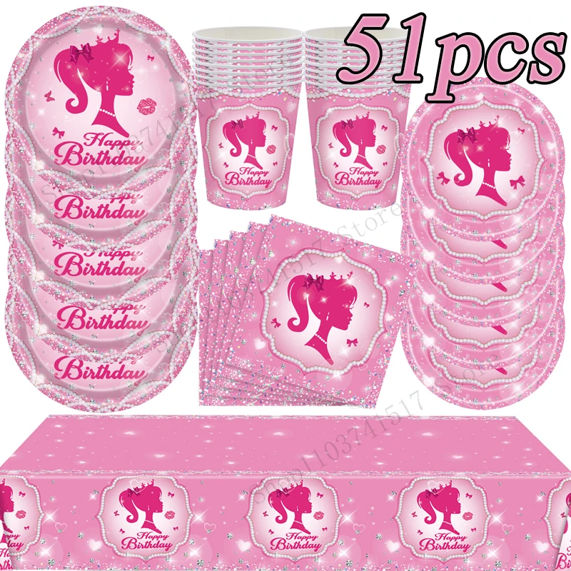 Barbie Party Tableware Decoração, Prato, Copo, Guardanapo, Conjunto De Toalha De Mesa, Desenhos Animados, Baby Shower, Kids Favors, Party Supplies, Aniversário