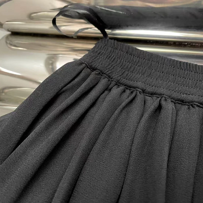 Falda de medio cuerpo plisada de gasa para mujer, falda larga informal versátil, media falda de cintura alta con borde de oreja de madera, nueva, 2025