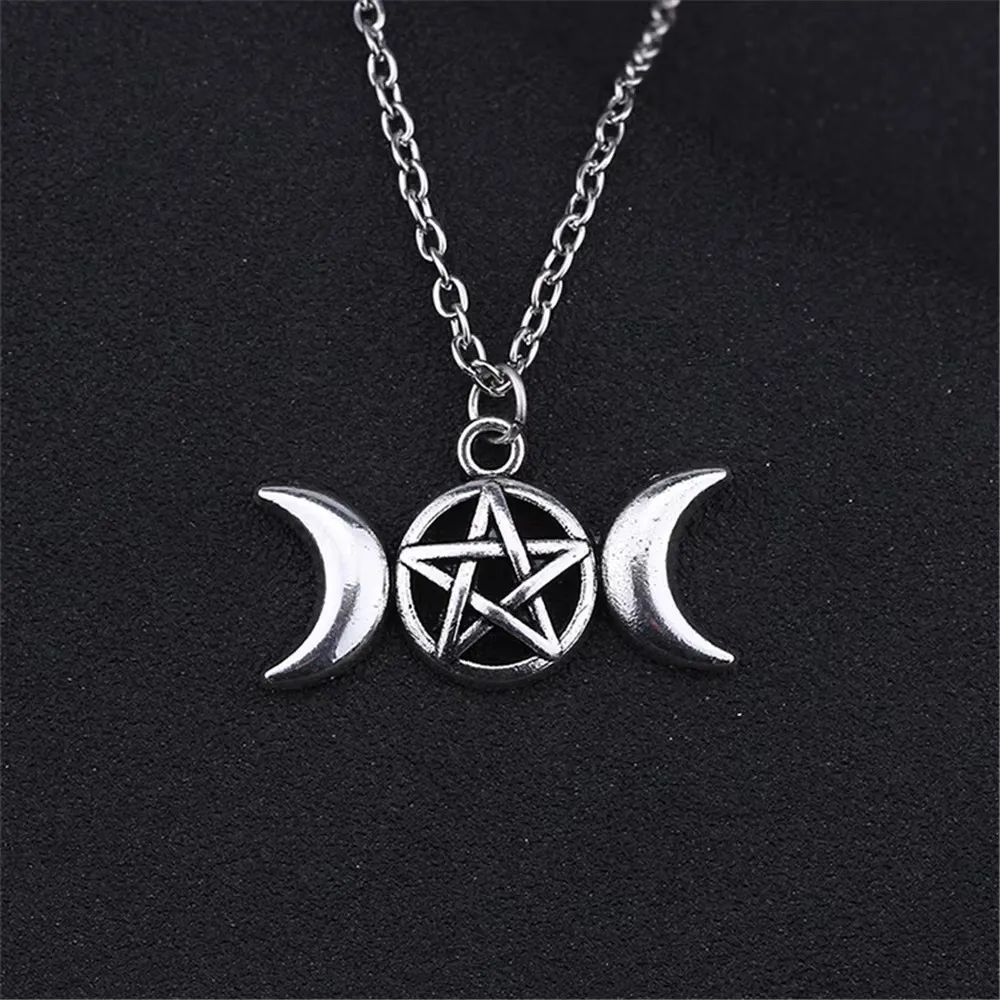 Triple Moon pendant wiccan jewelry triple goddess pentacle necklace pentagram pagan necklace