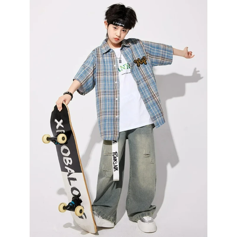 ملابس الهيب هوب اليابانية منقوشة خمر قميص ممزق الجينز الفتيات K-pop الشارع الرقص مجموعات الصبي الشارع الشهير ملابس الاطفال الجاز زي