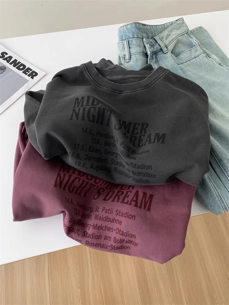Washed Worn Letter Sweatshirt Women\'s Cotton Korean Autumn Loose Round Neck Pullover Top