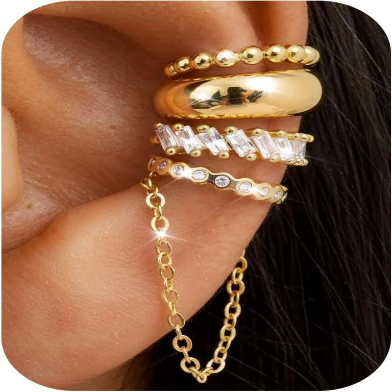 4Pcs Minimalist Ear Cuff Set U‑Shape No‑Piercing Clip Earrings Linked Chain Stackable Wrap Ear Clips for Women Fashion Jewelry