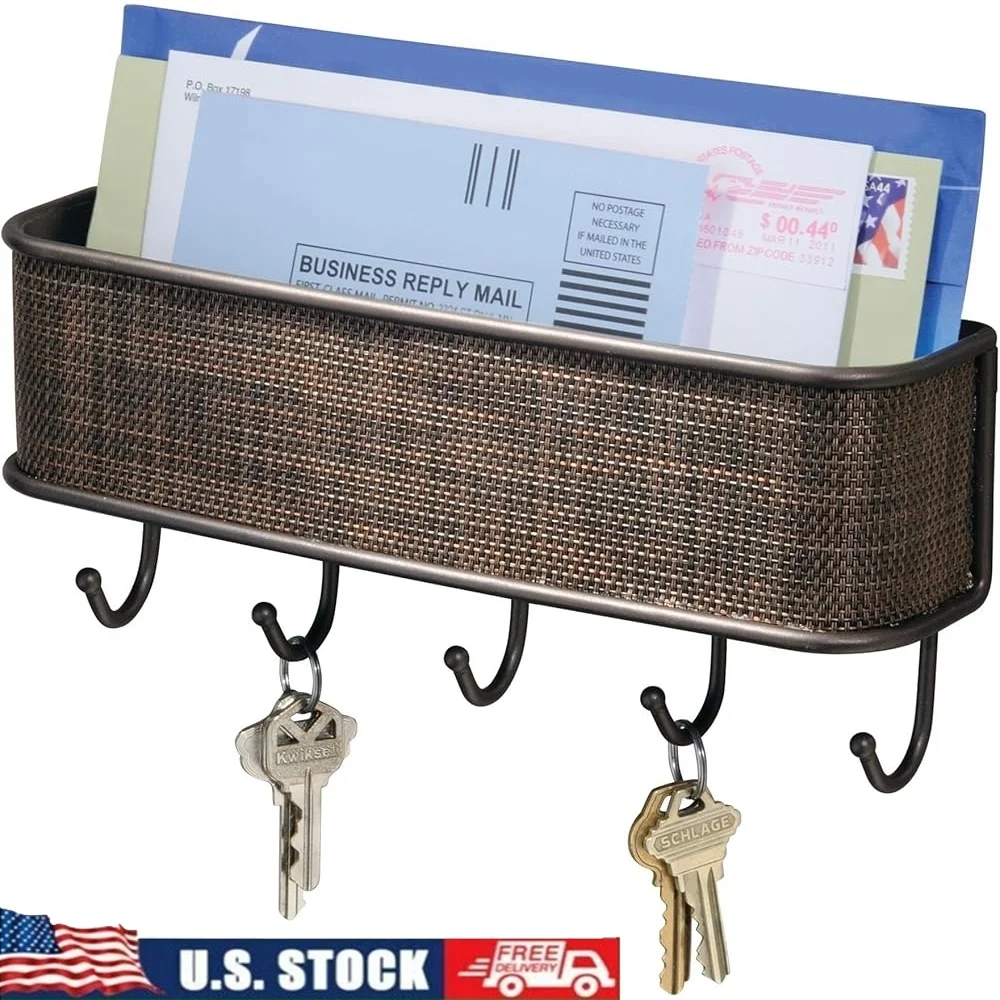 

Mail and Key Organizer Wall Mounted Holder with Hooks and Basket Entryway Kitchen Office Durable Steel Construction