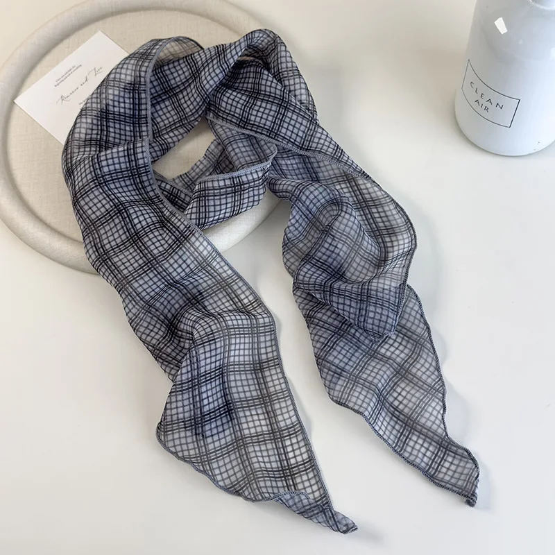 Vintage Blue Plaid Long Skinny Scarf for Women Thin Lightweight Neck Scarf Choker Versatile Wrap Tie Daily Essential Fashion