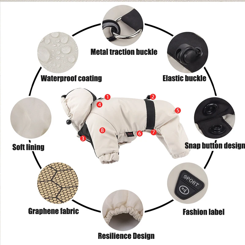Hundejacke, wasserdicht, für den Winter, warmer Mantel, vier Beine, Hundekleidung, mit Kapuze, Haustier-Overall, Baumwolle, Daunenjacken, Welpen-Sweatshirt-Kleidung – Detail 7