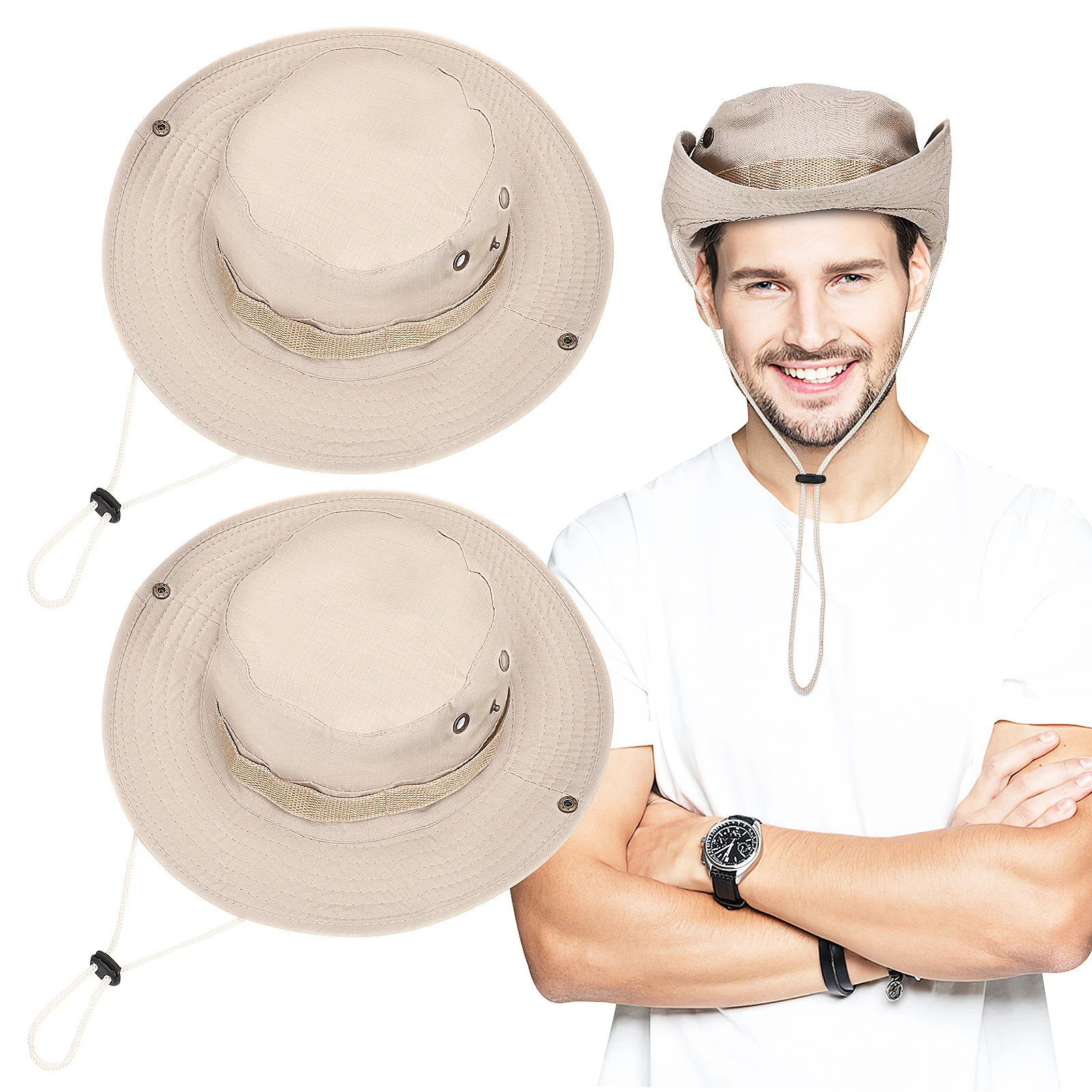 

2Pcs Polyester Fisherman Hats Summer Outdoor Bucket Hats Lightweight Breathable Unisex Caps for Hiking Fishing