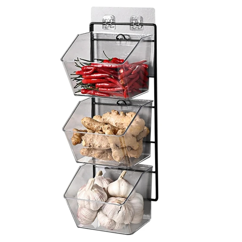 

3 Compartments Wall Mounted Ginger Garlic Container Countertop Onion and Potato Storage Box with Metal Rack,Length 40cm