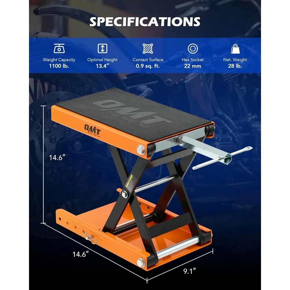 مقبس رفع مقص للدراجة النارية بسعة 1100 رطل، ومقبس واسع ومقبس على شكل حرف T، بما في ذلك دعم الحامل المركزي