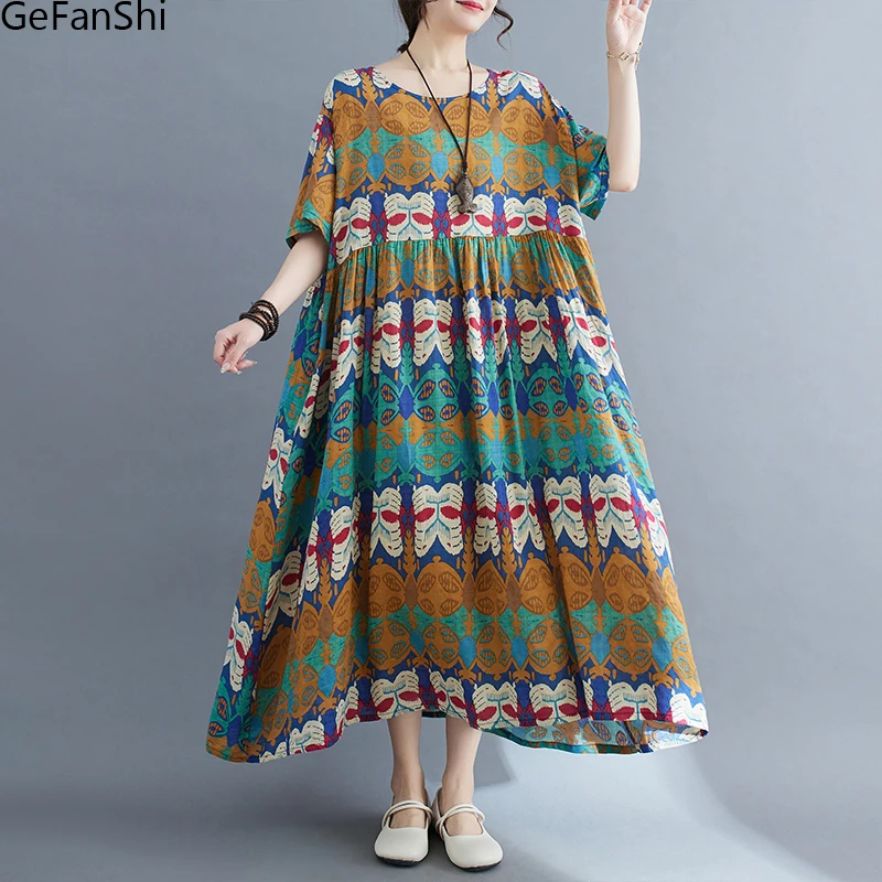 

New 2023 Short Sleeve Cotton Linen Vintage Print Summer Long Dresses For Women Casual Loose Holiday Ladies Dress Elegant Clothes