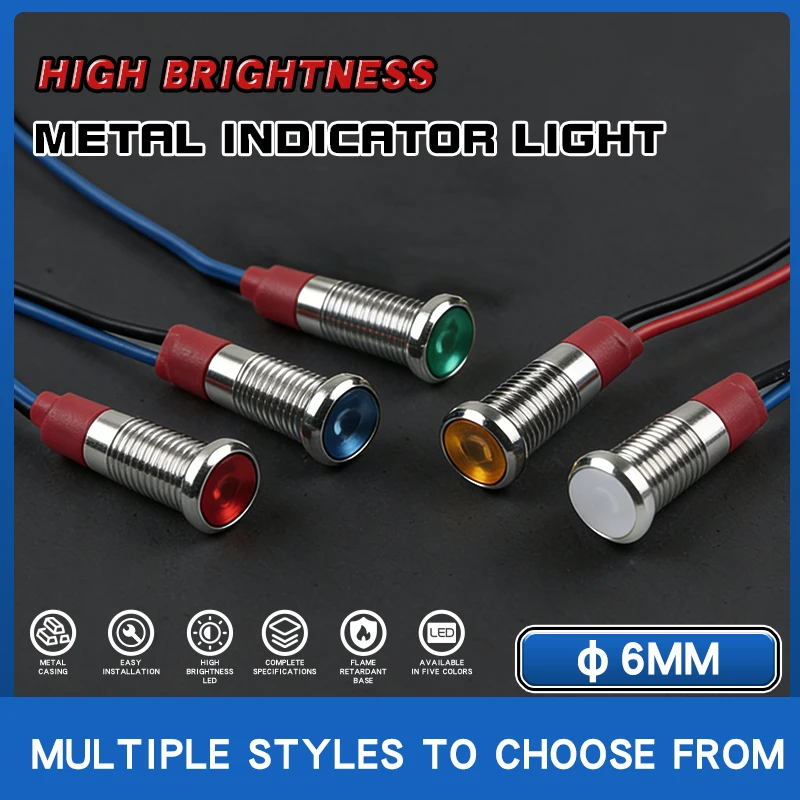 6MM Metal Gösterge Lambası Su Geçirmez Yüksek Parlaklıkta Led Güç Sinyali 3V6V12V24V110V220V Kırmızı Yeşil Sarı Mavi Beyaz