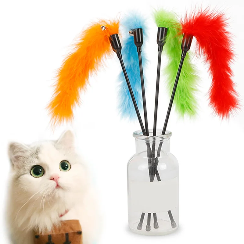

Funny Cat Stick Toys Solid Color Short Rod Feather Plush Tease Cat Stick With Bell Kitten Interactive Play Toys Pet Supplies