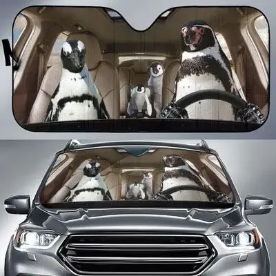 Funny Penguin Family Left Hand Drive Car Sunshade, Family Four Penguins Driving Together Auto Sun Shade, Gift for Penguin Lovers