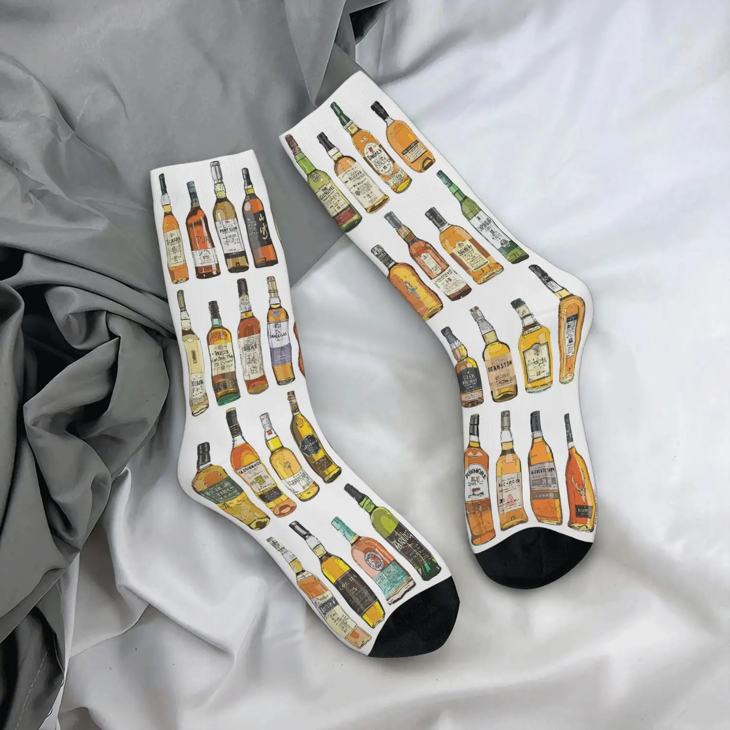 1 Pair Whisky Collection Bottles Art Print Gift for Whiskey Lovers And Collectors Funny Design Socks