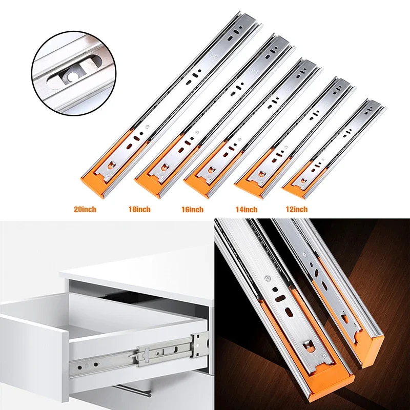 Three Section Drawer Guides 12/14/16/18/20inch Metal Drawer Slides Mute Cushion Buffer Load-Bearing Guide Rail Furniture Tool