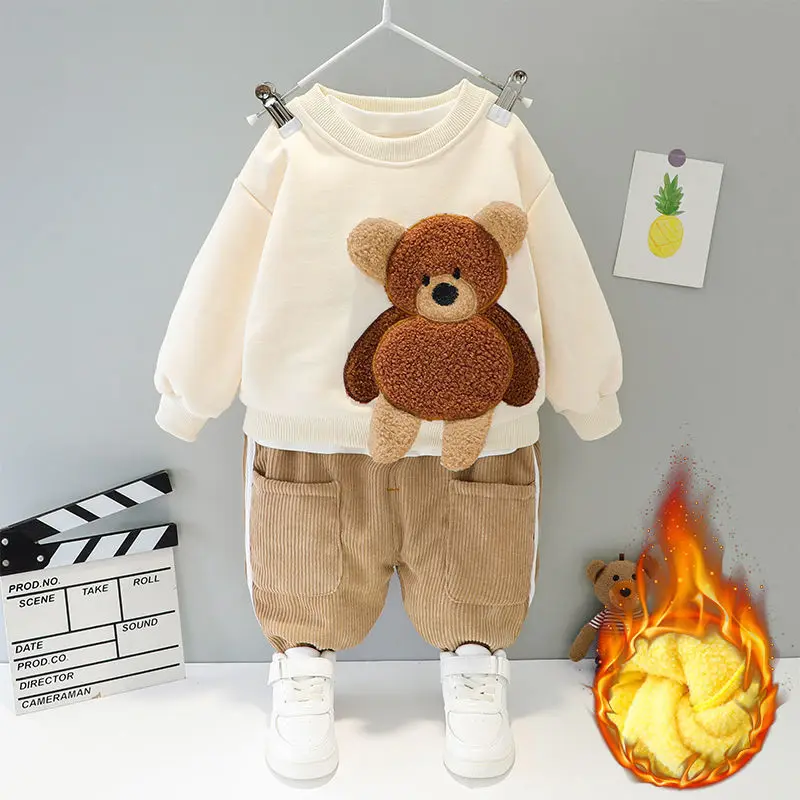 Baby boy clothes autumn winter plus velvet warm thickening suit boys and girls cartoon bear sweater + corduroy pants baby 2pcs