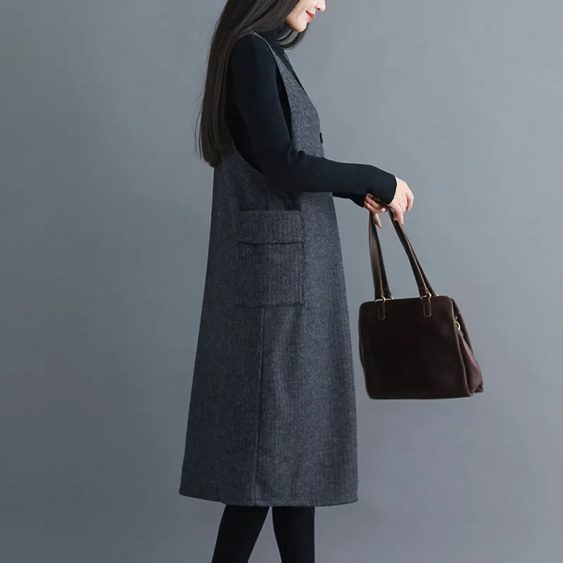 فضفاضة تناسب حجم كبير الشتاء الخامس الرقبة ميدي فستان سميكة الصوف مادة الصوف بلا أكمام الركبة طول فستان المرأة عادية #3