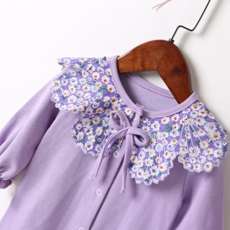 Baby Clothing 2023 Spring Baby Girls Clothes Romper Sweet Purple Daisy Doll Collar Single Breasted Long Sleeve Newborn Outdoor