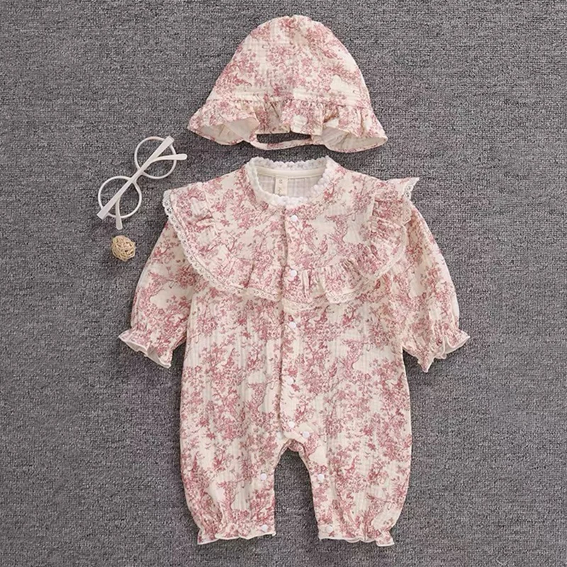 الوليد الطفل بنات بذلة قطعة واحدة الزي الرضع طفل الفتيات رومبير + قبعة قميص قطني بكم طويل الطباعة ربيع الخريف ملابس الطفل