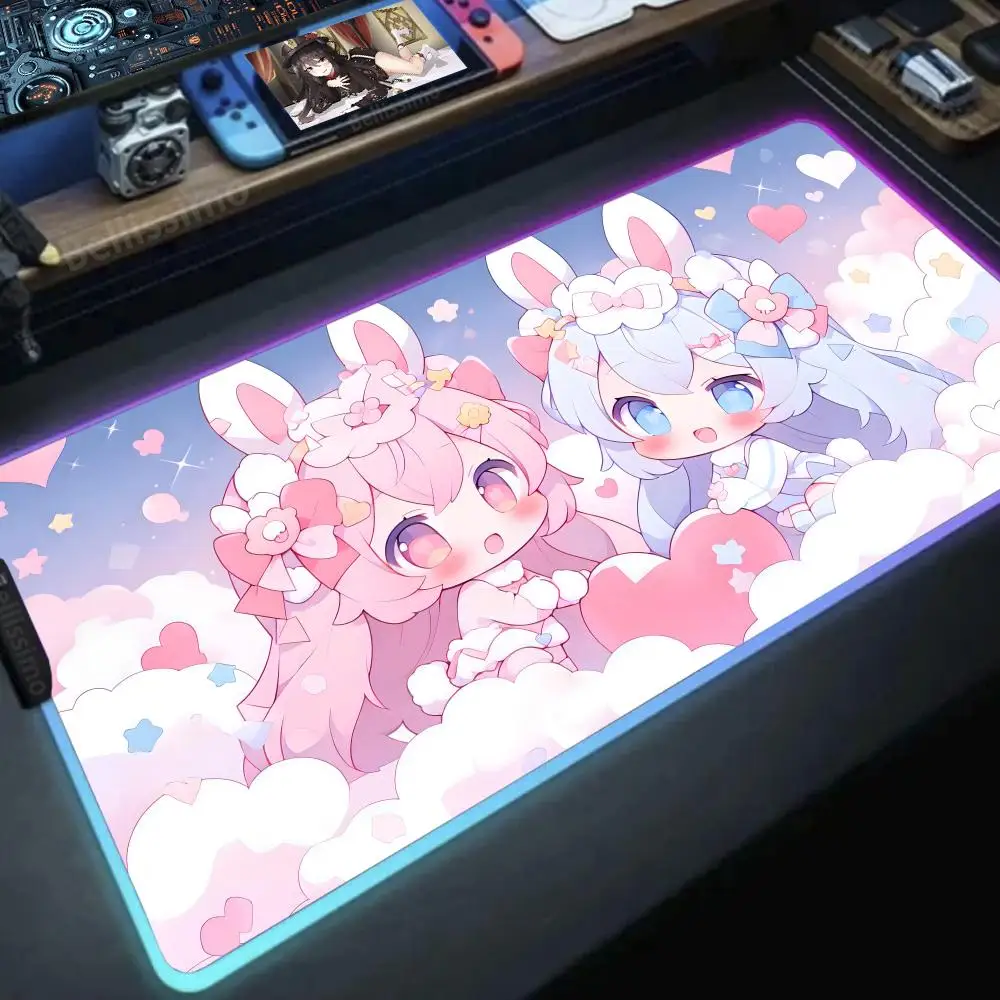 Kawaii Girl Teclado Mouse Pad  RGB Gaming Pink art Cute Stuff DIY games computer XXL Gamer Glowing PC Gaming case Led Computer