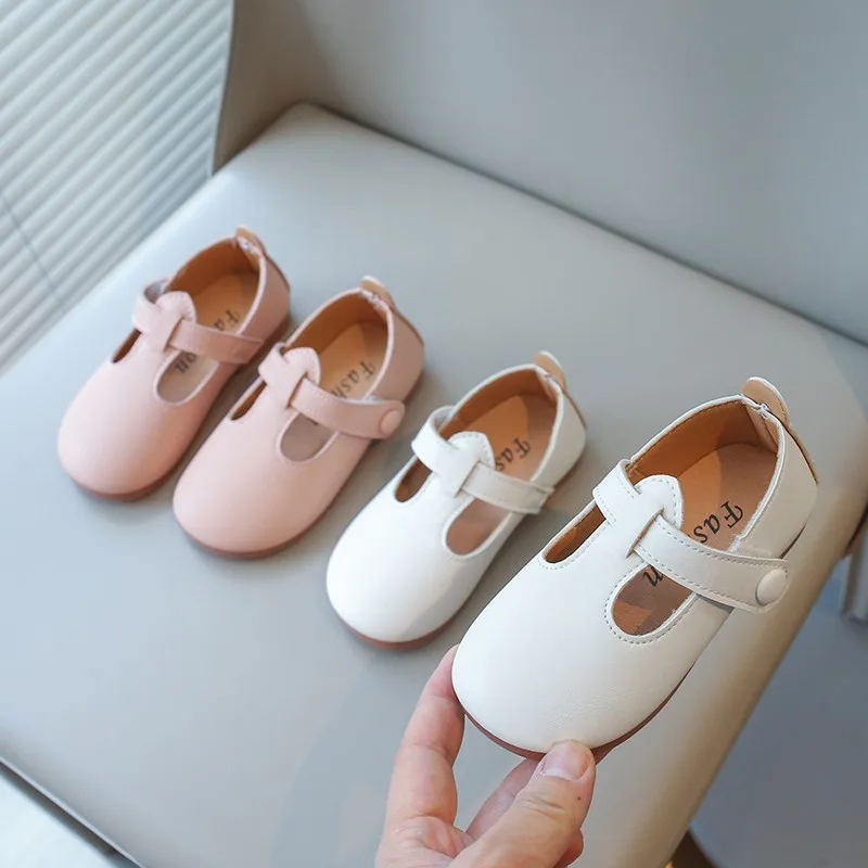 Girl\'s Princess Shoes Beige Pink T-strap Classic Kids Mary Janes Pu Leather Four Seasons Daily Toddler Children Flat Shoe 21-30