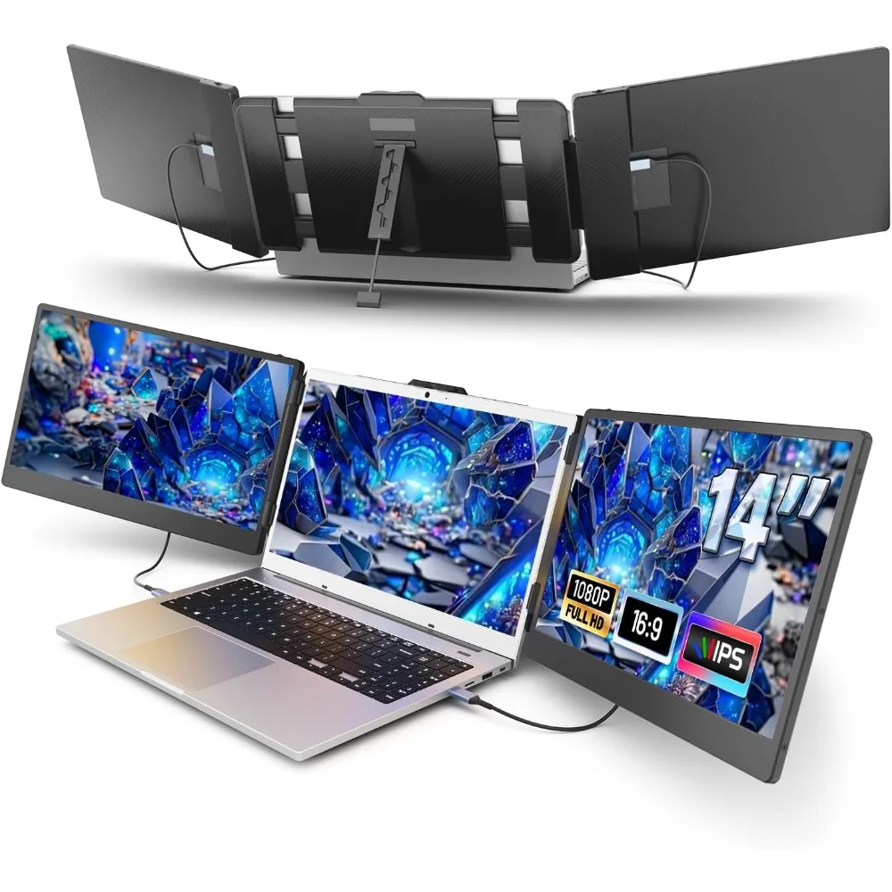 14 "Laptop Scherm Extender, Fhd 1080P Ips Drievoudige Draagbare Monitor Voor Laptop, Hdmi/USB-A/Type-C Plug And Play Voor Windows