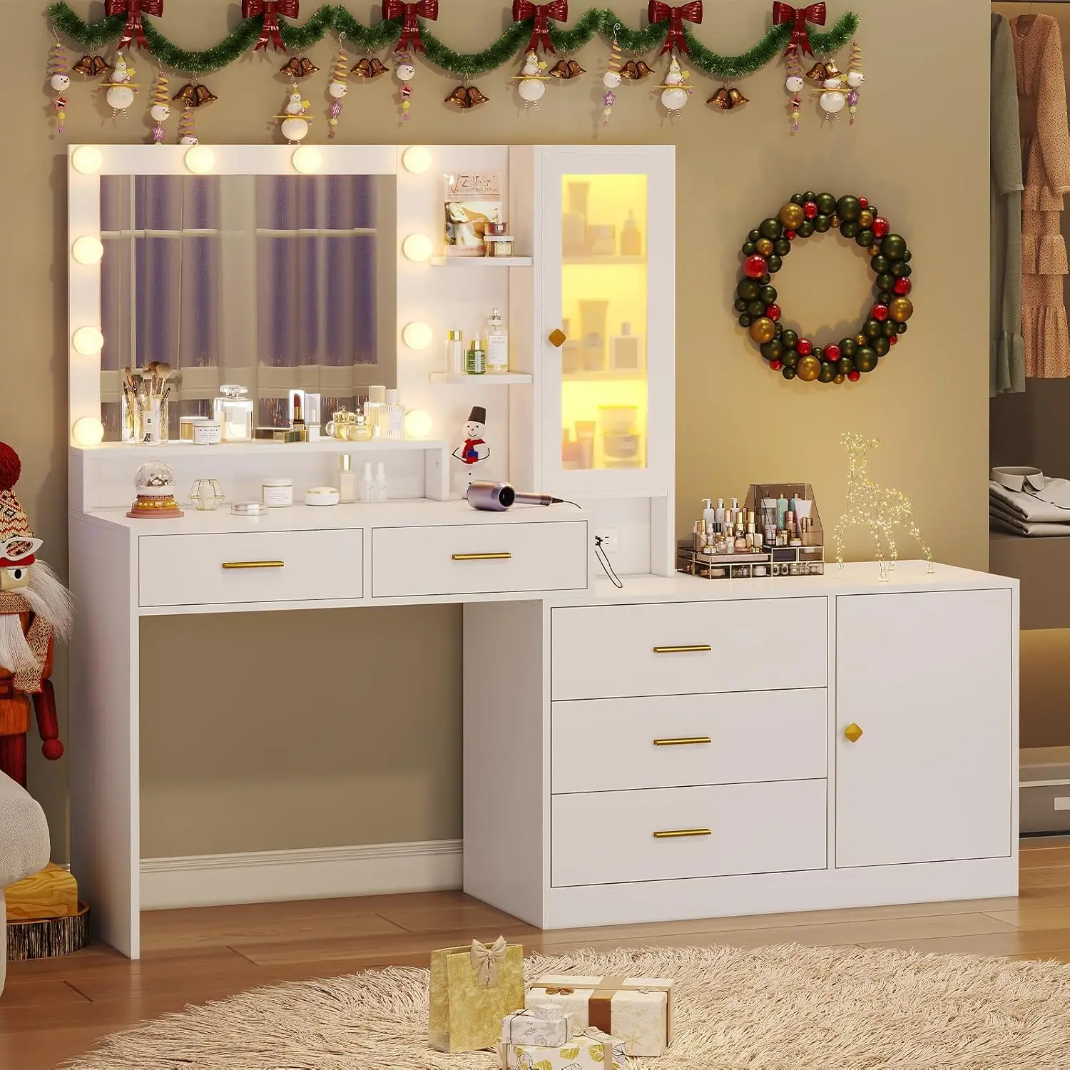 Tocador de maquillaje blanco con luces, escritorio de tocador con espejo, mesa de tocador grande con cómoda, estación de carga y gabinetes RGB
