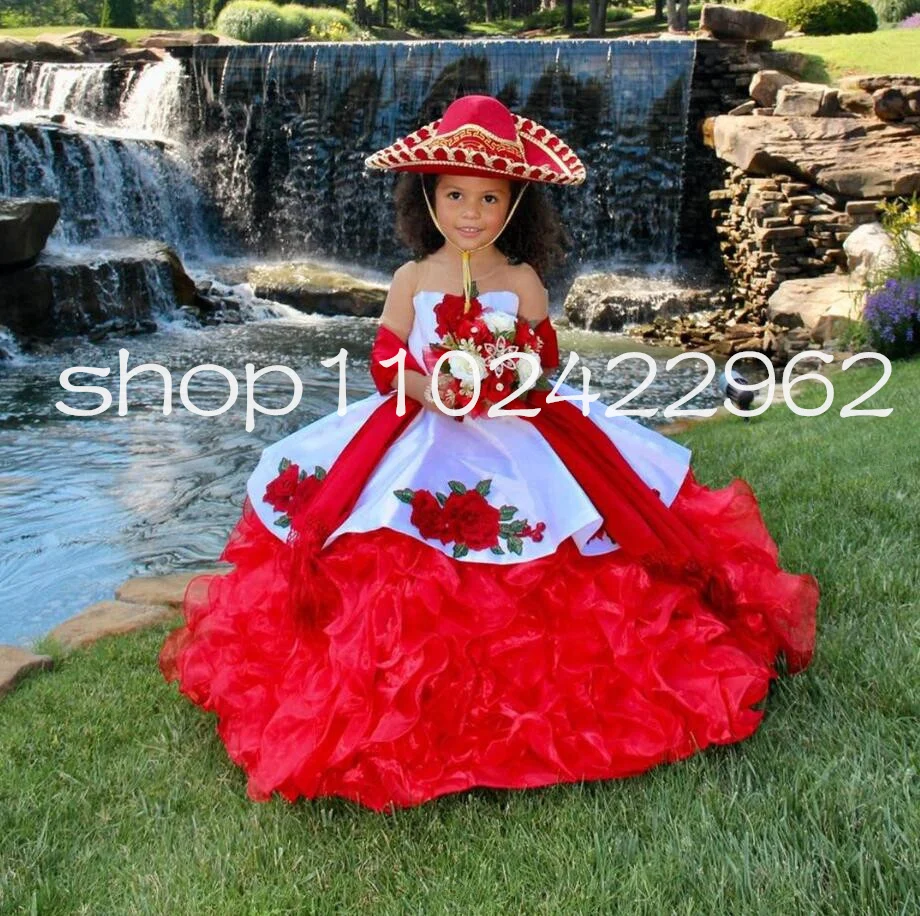 Gaun Mini Charro Meksiko biru putih gaun Quinceanera dengan rumbai pita Applique Floral gaun anak perempuan bunga putri kecil