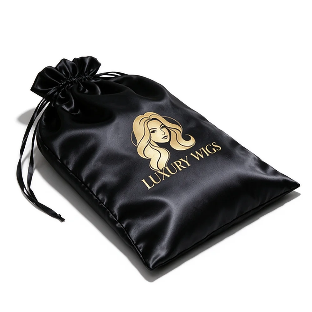 Custom Logo Satin Drawstring Bag, Black Gold Silky Wig Storage Pouch, Personalized Print Hair Bundle Packaging Bag for Hair Exte