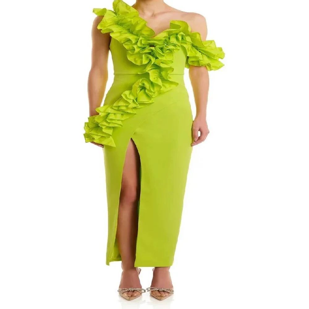 

Women's Internet celebrity green fashion patchwork sexy oblique neck strapless slit bandage long dress-GZXX879