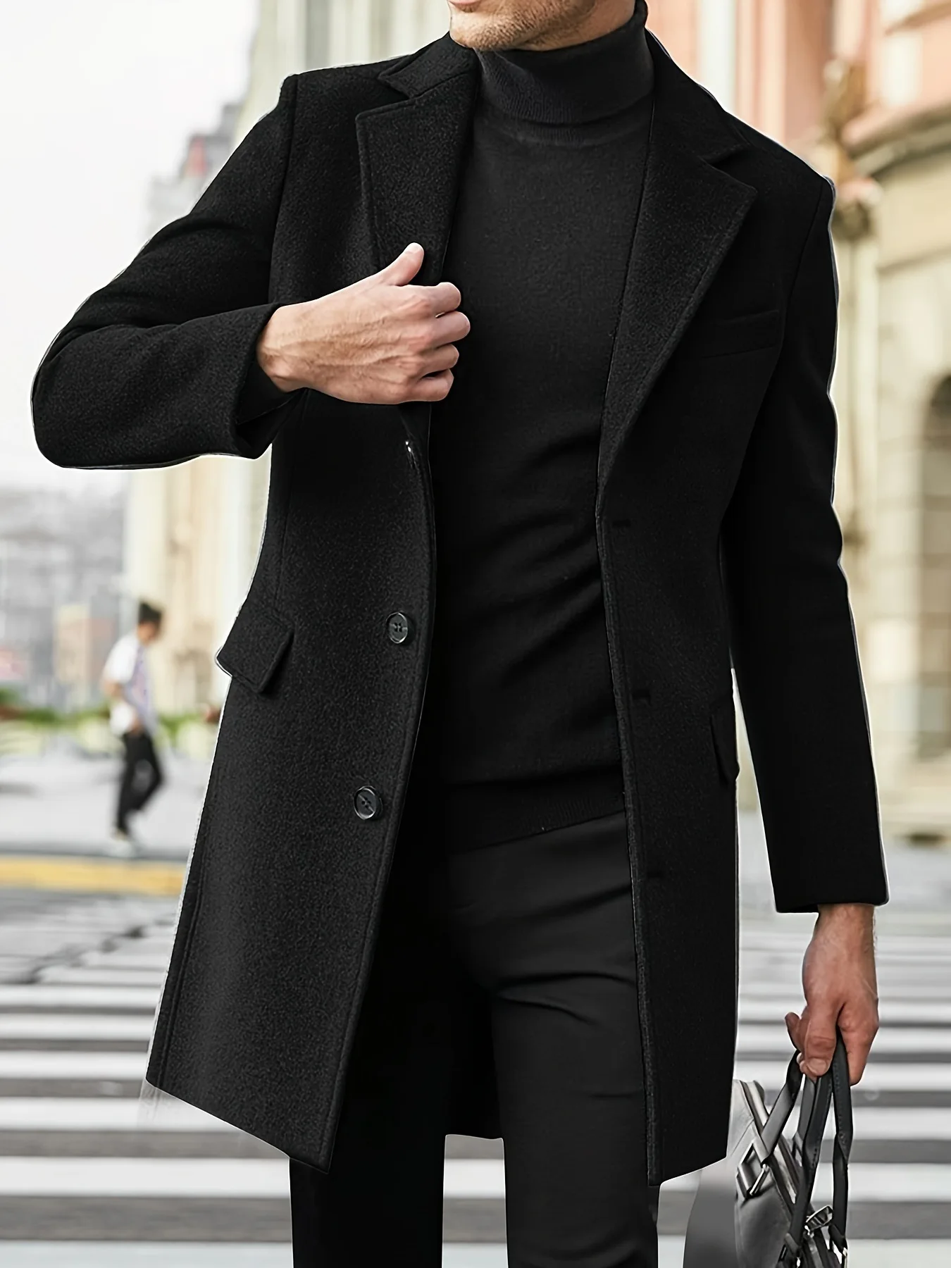 

Корейская версия, мужские черные, серые однотонные простые базовые повседневные модные однобортные шерстяные пальто с отложным воротником, мужская одежда