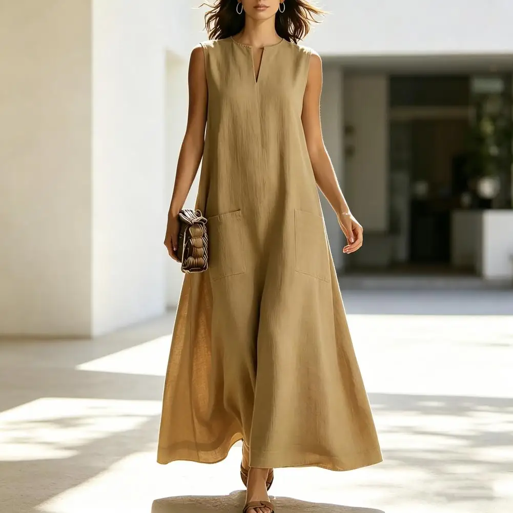

Summer Sleeveless Dress for Women Casual V Neck Long Tank Dress Flowy A-line Beach Sundress with Pockets Long Skirt Dress Loose