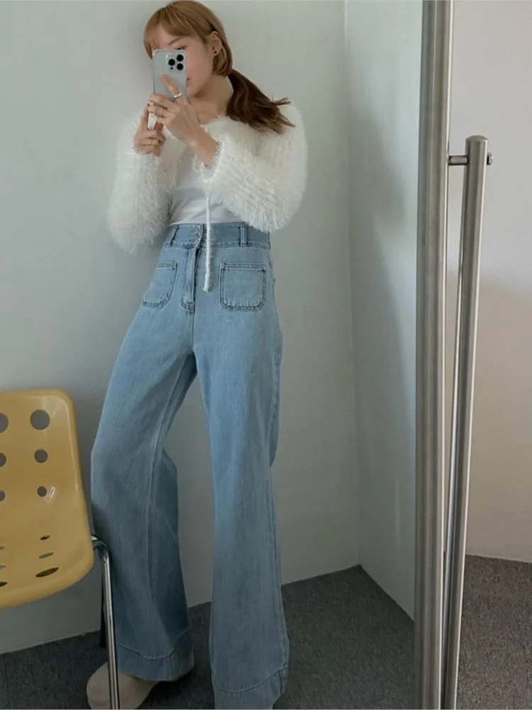 Jeans Autumn Long Pant Women Pleated Fashion Loose Korean Style Ladies Trousers Casual High Waist Woman Flared Pants