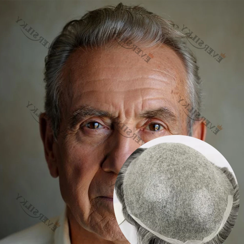

Ultra Thin Skin Super Natural Hairline 0.02mm Vloop Men Toupee 1B80 1B65 Grey SoftHuman Hair Capillary Prosthesis 80Density Male