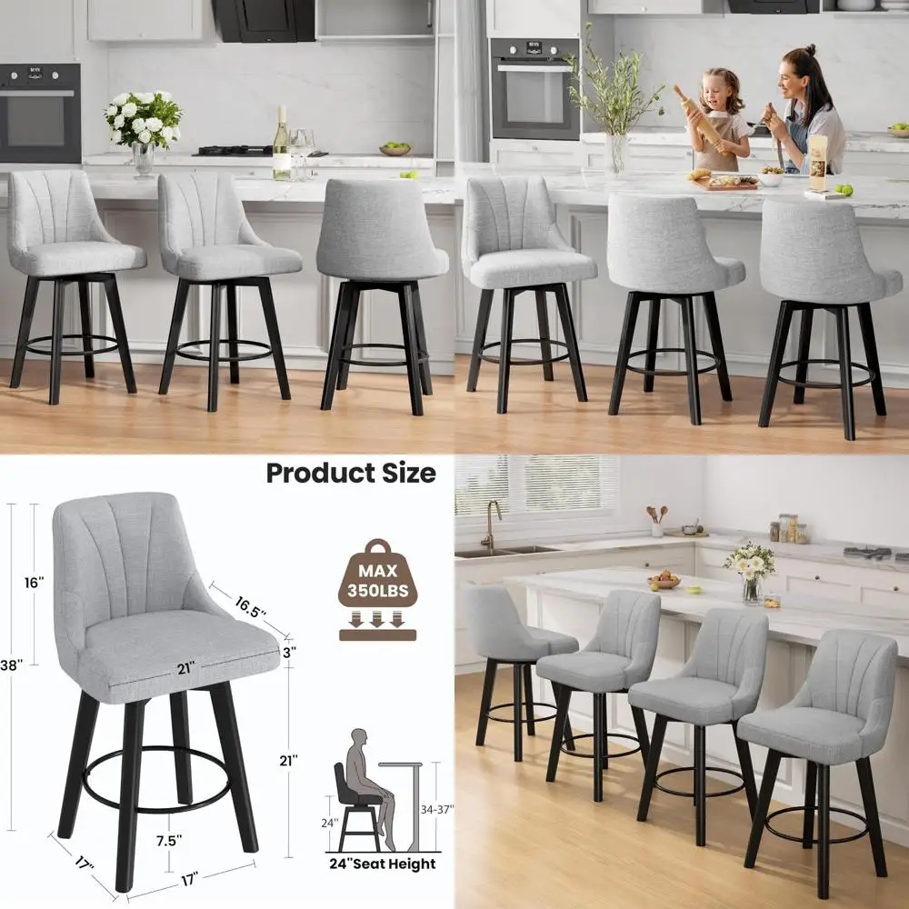 

Set of 3 Counter Height Swivel Bar Stools, 24" Upholstered Fabric Chairs with Backrest and Solid Wood Legs