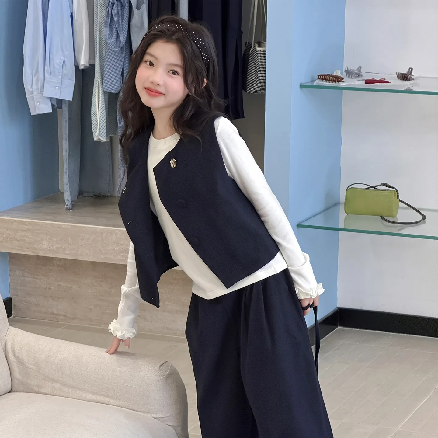 Spring Autumn Girls Set 2026 New Casual Girls Korean Medium Large Vest Base Layer Wide Leg Pants Three Piece Set