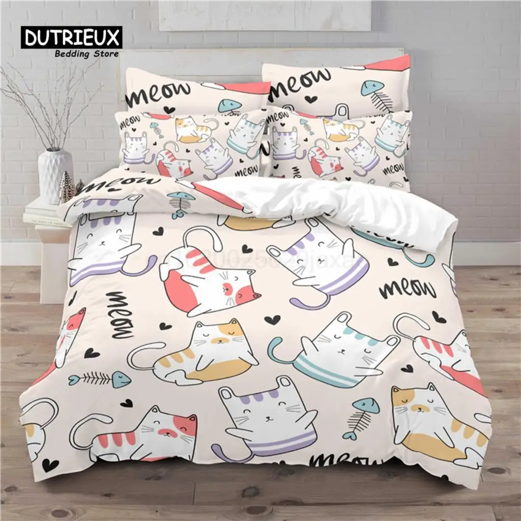 Luxury 3D Cute Cat Print Home Living Comfortable Duvet Cover Pillowcase Kids Bedding Set Queen and King EU/US/AU/UK Size