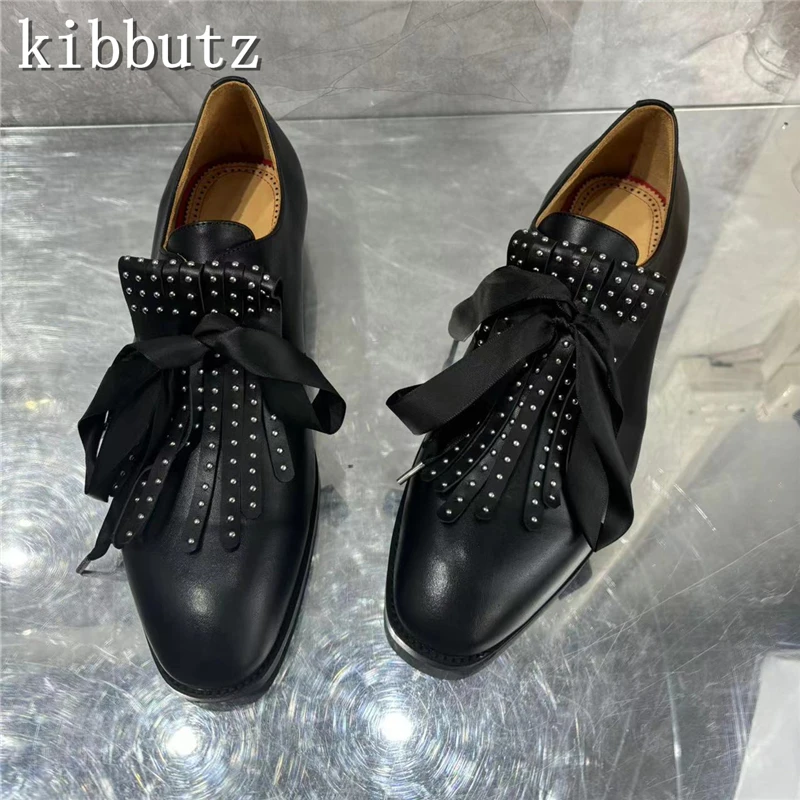 

Black Bow Knots Rivets Men Dress Shoes Round Toe Genuine Leather Slip On Oxfords Loafers Wedding Party Banquet Shoes