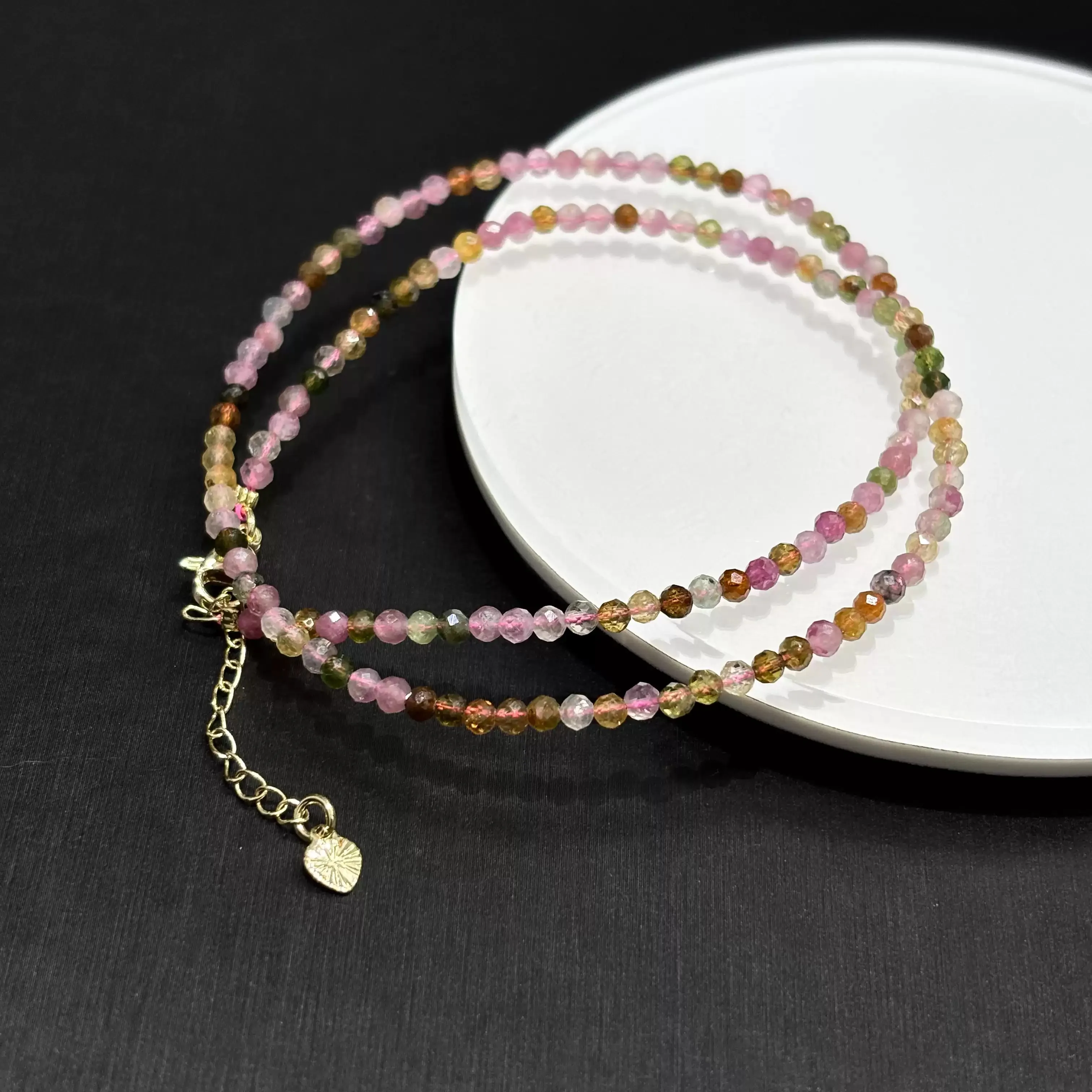 

Natural Multi-Color Tourmaline Faceted Bead Double-Wrap Bracelet ,Adjustable 45cm Stretch-Free Chain with Gold-Tone Clasp & Hear
