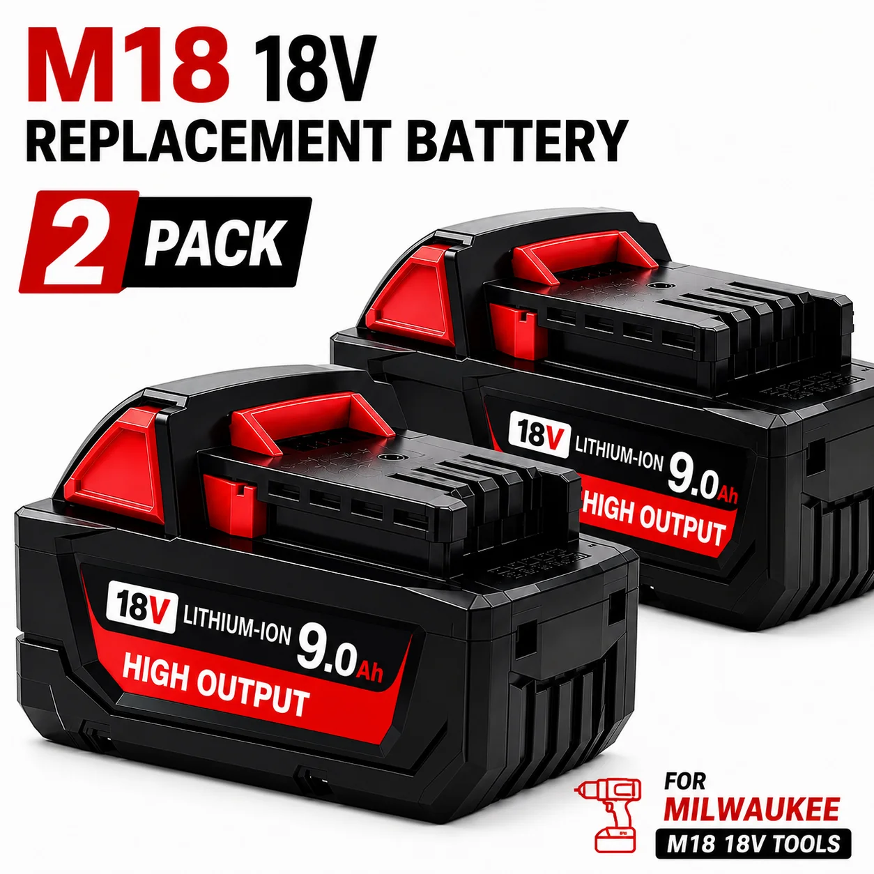 9.0Ah Replacement Battery Compatible with Milwaukee M18 18V, Li-ion Rechargeable Battery Pack for 48-11-2402 48-11-2411 48-11-2401 M18B5