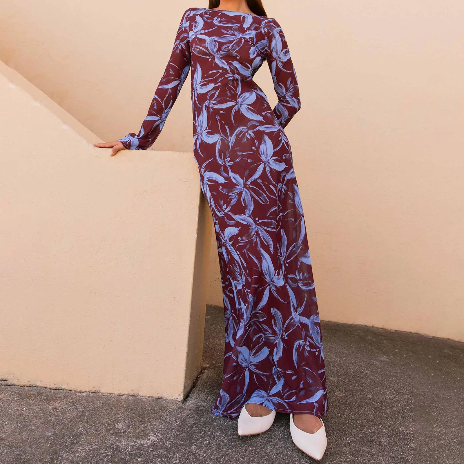 Women's Floral Print Patchwork See Through Long Dress Boat Neck Long Sleeve Slim Fit Sheer Mesh Dress for Summer Beach