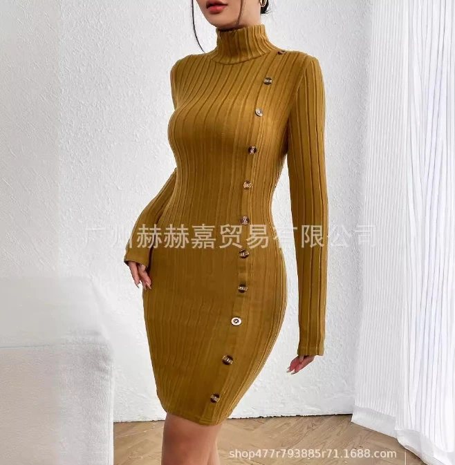 

Sexy Elegant Dresses Women 2024Autumn Winter Spring Casual Long Sleeved High Neck Button Detail Slim Fit Hip Hugging Skirt Dress