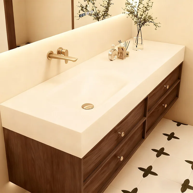 Medieval Style Bathroom Washstand Hand Washbasin Rock Slab Hot Bending Seamless Integrated Basin Bathroom Cabinet Combined Mirro