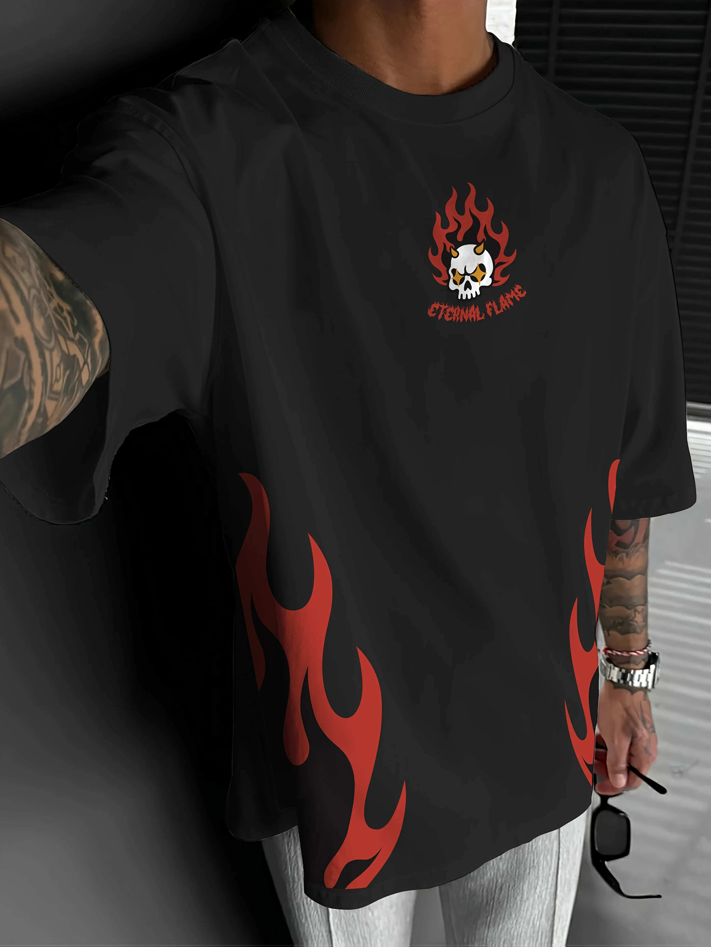Red Flame Print 100% Cotton Trendy Men Woment T-shirt Summer Autumn Daily Outdoor Sports Party Casual Loose Street Short-sleeve